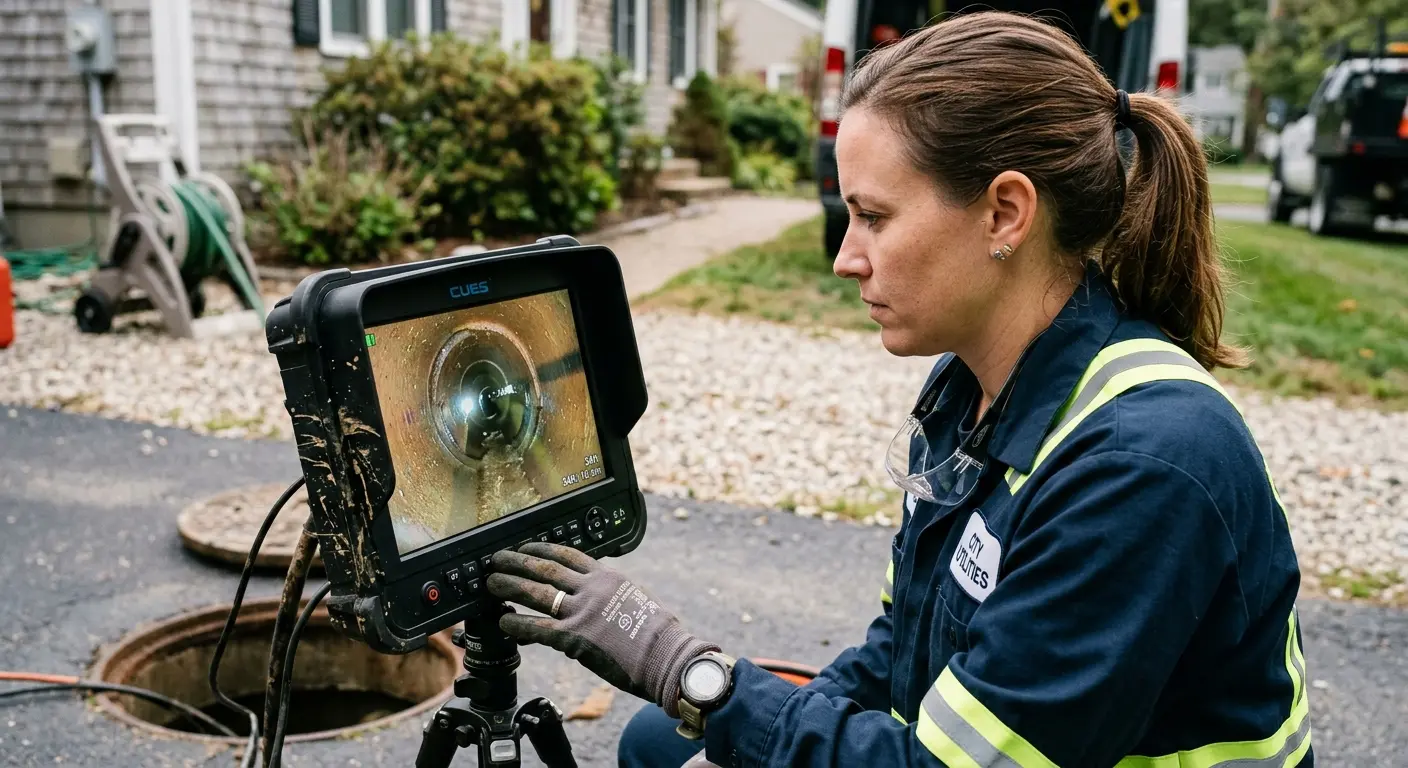 Technician reviewing sewer camera inspection footage in Cleburne
