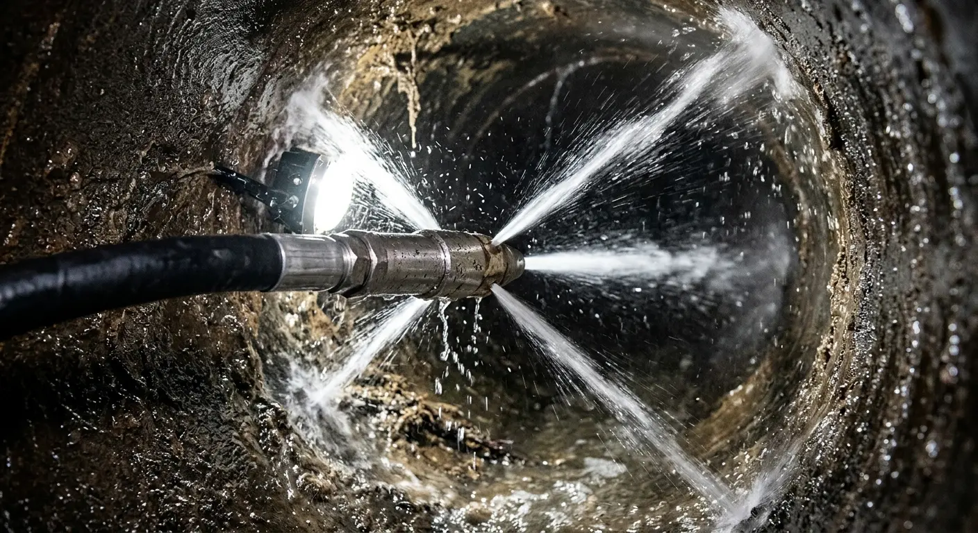 High-pressure hydro jetting nozzle cleaning sewer pipe for Sewer Cleanout in Cleburne