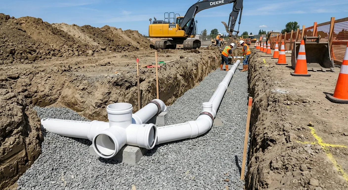 New PVC sewer pipe installation in open trench for Sewer Backup in Cleburne