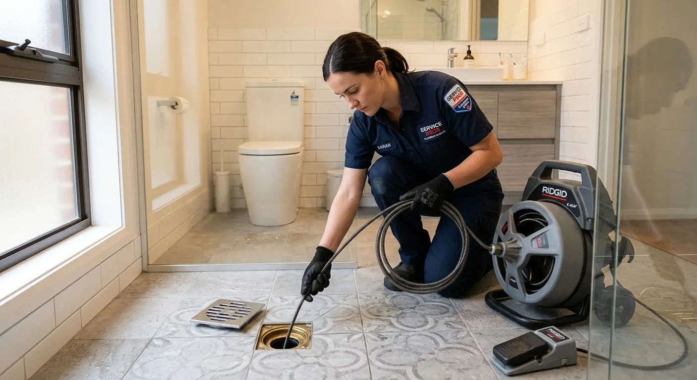 Technician clearing a bathroom floor drain for Hydro Jetting in Cleburne